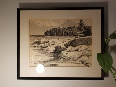 Bolígrafo Charad y tinta arte dibujo lago original firmado canadiense Foto 1 de 3