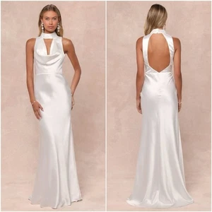 Lulus Gorgeous Vow Satin Mermaid Wedding Dress Medium White Cowl Mock Neck Retro - Picture 1 of 11
