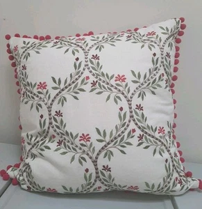 John Lewis Pop Pom Fringed Cushion Huge 22 X 22" Pink Floral Feather Insert - Picture 1 of 8