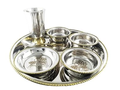 Stainless Steel Two -Tone Thali Set of 7 pcs . 1 Dinner Plate, 1 Halwa Plate, 2  - Image 1 of 2