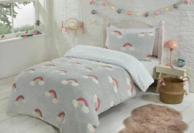 New Grey Kids Rainbow Glow In The Dark Fleece Duvet Set Single or Double - Image 1 of 3