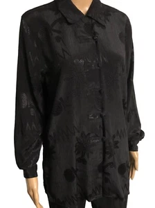 vtg Black Jacquard Asian Inspired Blouse Sz M Tunic Top Button Christie & Jill - Picture 1 of 10