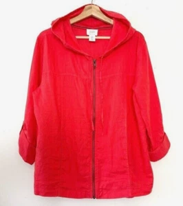 Sigrid Olson Pink Linen Full Zip Jacket Hooded Roll Tab 3/4 Sleeve Travel Top M - Picture 1 of 11