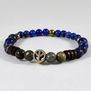 MEN'S RAINBOW LABRADORITE LAPIS LAZULI NATURAL GEMSTONES BEADED BRACELET PEACE - Picture 1 of 2