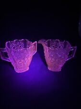L G Wright Pink Glass Daisy & Button Vintage Open Sugar & Creamer, Glows