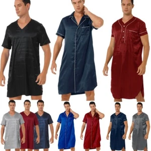 Mens Satin Nightshirt Short Sleeve Pullover Pajamas Shirt Nightwear with Pocket - Picture 1 of 97