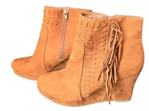 Report Wedge Brown Fringe Booties Size 10 - Picture 1 of 6