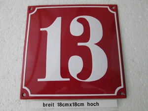 Hausnummer Emaille Nr 13 weiße Zahl roter Hintergrund 18 cm x 18 cm Baujahr 2020 - Picture 1 of 12