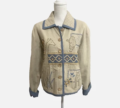 SHARON YOUNG Linen Blend Jacket Womens Sz M Tan Lined Embroidered Animals - Image 1 of 4