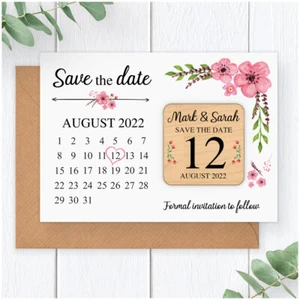 PERSONALISED Pink Flower Floral Wooden Save The Dates Calendar Fridge Magnets - Picture 1 of 5