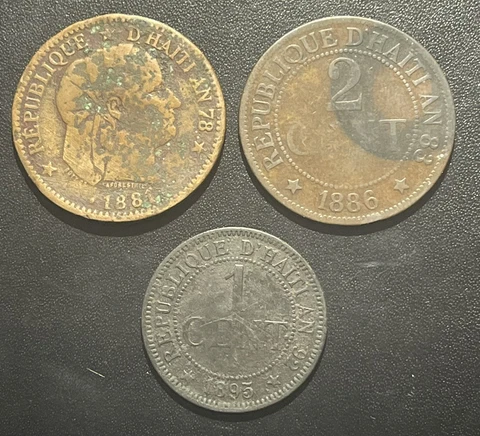 Haiti 1895 One Centime and 1881/1886 2 Centimes Coins:  Lot of 3 Cover