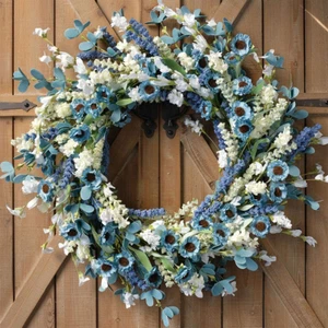 20 Inch Spring Wreath Blue with Green Leaves Daisy Artificial Grains White Flowe - Picture 1 of 7