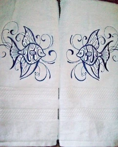 Angel Fish Sea Life Nautical Bathroom Set HAND TOWELS EMBROIDERED - Picture 1 of 3