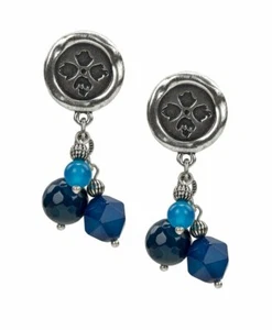 Patricia Nash Wax Floret Silver Medallion Blue Agate Charm Dangle Drop Earrings - Picture 1 of 9