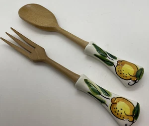 Vintage Salad Serving Wood Spoons Ceramic Handles 11" - Picture 1 of 5