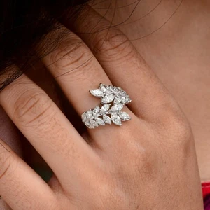 2.61 Ct Natural SI/H Marquise Shape Diamond Cuff Leaf Ring 18k White Solid Gold - Picture 1 of 10