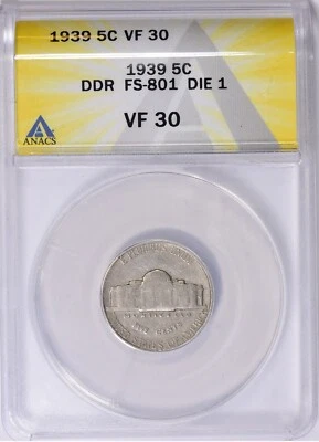 1939 ANACS VF30 DDR FS-801 Die 1 Jefferson Nickel - Image 1 of 3