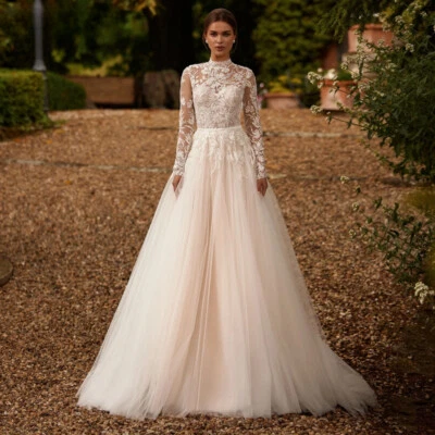 Elegantes Vestidos de Novia Línea A Cuello Alto Mangas Largas Encaje Apliques Vestidos de Novia Foto 1 de 4