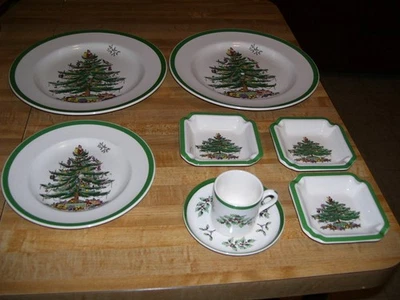 Lot of Spode Christmas Tree Dishes Ashtrays Demitasse Cup Saucer 3 Tier Server - Image 1 of 4