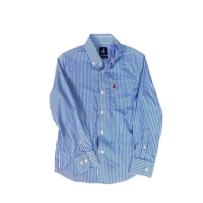 Johnnie-O Kids Blue Striped Button-Down Shirt Red Logo Pocket Boys Size 8 - Image 1 of 4
