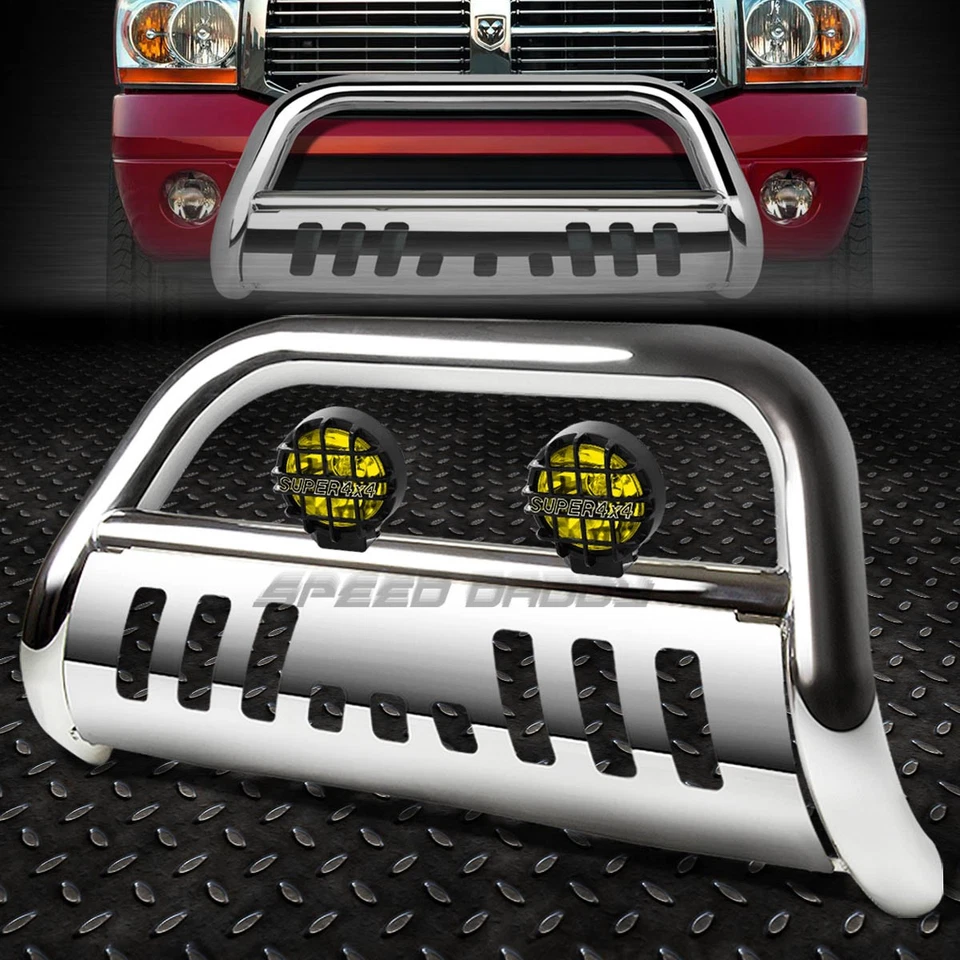 PROTECTOR DE REJILLA BULL BAR CROMADO + LUZ ANTINIEBLA AMARILLA PARA 94-02 DODGE RAM 1500/2500/3500 Foto 1 de 4