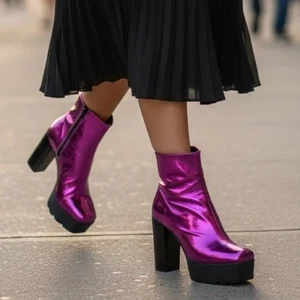 NEU Rosa Metallic Plateau Stiefeletten - Y2K Cyber Goth Statement Heels LESEN 11 - Bild 1 von 20