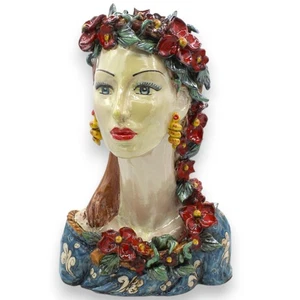 Busto di Donna dal Collo Lungo, Ceramica Caltagirone, h 33 / 35 cm ca. Corona di - Imagen 1 de 1