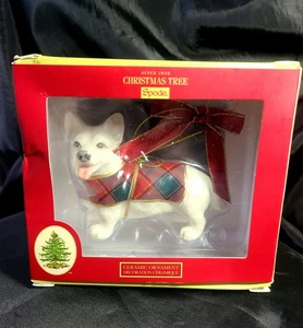 Spode Tartan Bianco Corgi Dog Decorazione Natalizia 2025 Ceramica 4" Nuovo con scatola - Foto 1 di 10