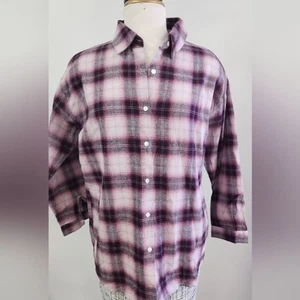 Pink Lily Oversized Plaid Flannel Button Down Shirt Pink/gray/white Womens S - Picture 1 of 12