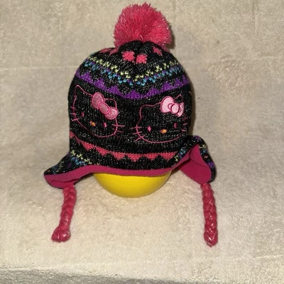 Sombrero tejido de invierno Hello Kitty negro rosa oreja solapa pompón bordado niñas Foto 1 de 4