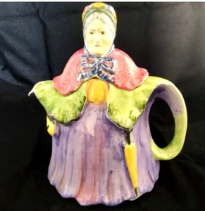 H J Wood Little Old Lady Teapot Multi Color Made in England 1930s Crazing VTG - Picture 1 of 13