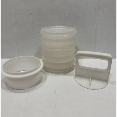 Vintage Tupperware 4" Hamburger Press + 6 Patty Holders + Lid - Image 1 of 2