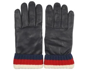 NEW GUCCI MEN'S  LAMB LEATHER BLUE WEB DETAIL 100% CASHMERE LINING GLOVES 10.5/L - Picture 1 of 3