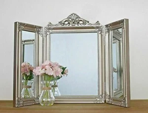 Dressing Table Mirror Antique Silver Shabby Chic Trifold Free Standing Vanity - Picture 1 of 4