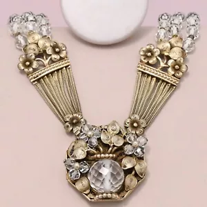 Vtg Art Deco Rock Crystal Bead Flower Basket Silver Filigree Pendant Necklace - Picture 1 of 6