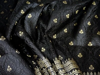 Black & Gold Thai-Laos Silk Damask Traditional Fabric 40"W By Yard - Image 1 of 3
