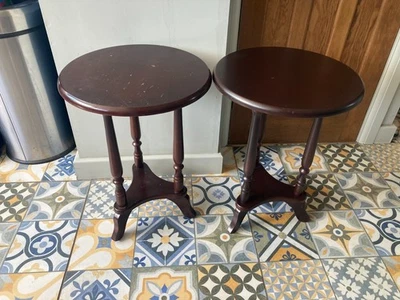 Vintage Style Round Brown Wood Effect Side End Bedside Tables x 2 - Image 1 of 4