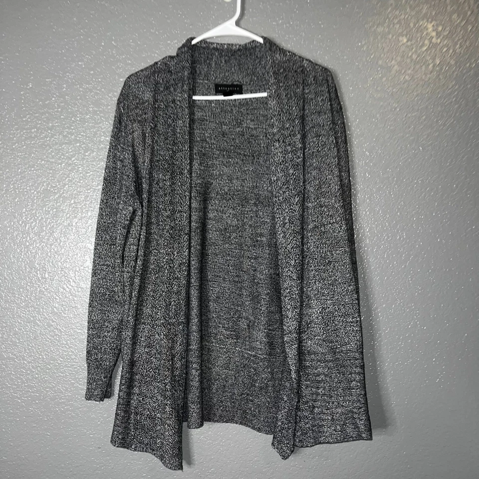 Cárdigan suéter negro blanco jaspeado frente abierto para mujer talla M dobladillo drapeado ligero Foto 1 de 4