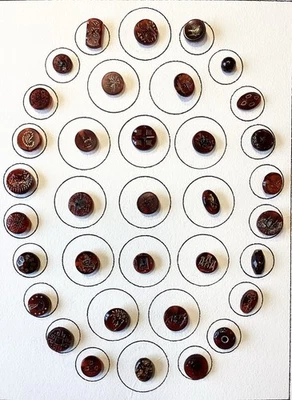 BEAUTIFUL CARD OF 42 DIFFERENT ANTIQUE RED RUBY GLASS BUTTONS SEVERAL PICTORIALS - Image 1 of 4