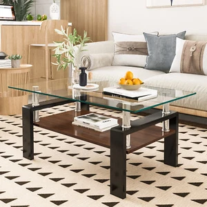Rectangle Coffee Table Tempered Glass Tabletop MDF Layer Modern Table Living Roo - Picture 1 of 12