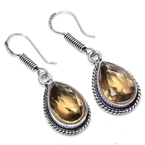 Smoky Topaz Gemstone Handmade 925 Sterling Silver Jewelry Earring Size 1.50" - Picture 1 of 1