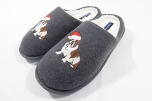 CLUB ROOM GRAY MEDIUM 8-9 HOLIDAYS SANTA CHRISTMAS BULL DOG SLIP ON SLIPPERS - Picture 1 of 7