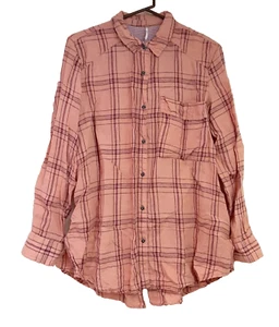 Free People Button Up Top Women's Size M Split Button Back Salmon Plaid Linen - Picture 1 of 13