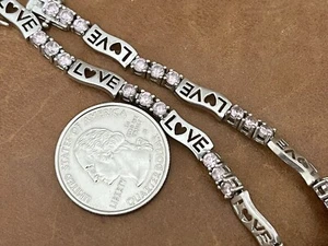 Brazalete de eslabones vintage de plata de ley 925 con piedra rosa redonda “LOVE” 7,5” pulgadas - Imagen 1 de 12
