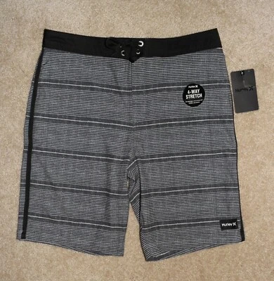 New Boys Hurley Board Shorts Sz 20/30 Black Striped Swim Trunks - Image 1 of 2