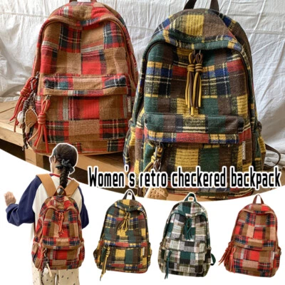 女士复古方格背包学生大容量休闲旅行背包 — 第 1/4 张图片