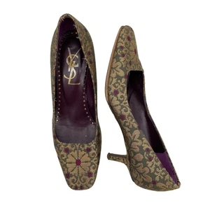 Tom Ford for YSL Yves St Laurent Size 6.5 Brocade Kitten Heels Gold Purple - Picture 1 of 9