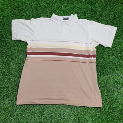Vintage 90s MOD Stripes Pocket Polo Shirt Large 23x27 Beige - Image 1 of 4
