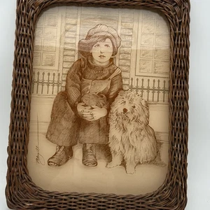Vintage Reverse Print On Glass Wicker Rattan Frame Lucid Lines Shaggy Dog MCM - Picture 1 of 11
