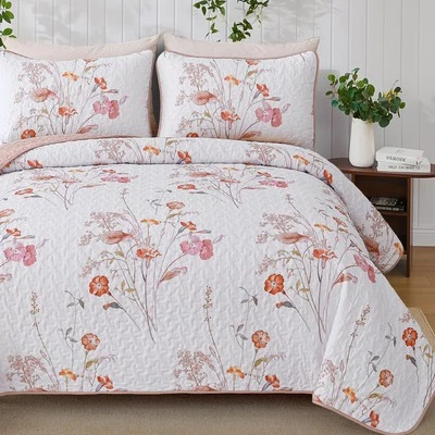 Juego de colcha 3 piezas tamaño queen, colcha con patrón de plantas botánicas florales rosas... Foto 1 de 4